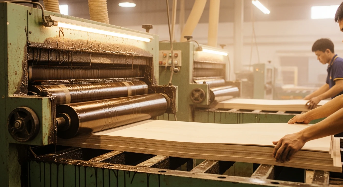 Plywood hot press production at HCPLY factory — glue type determines both cost and water resistance performance