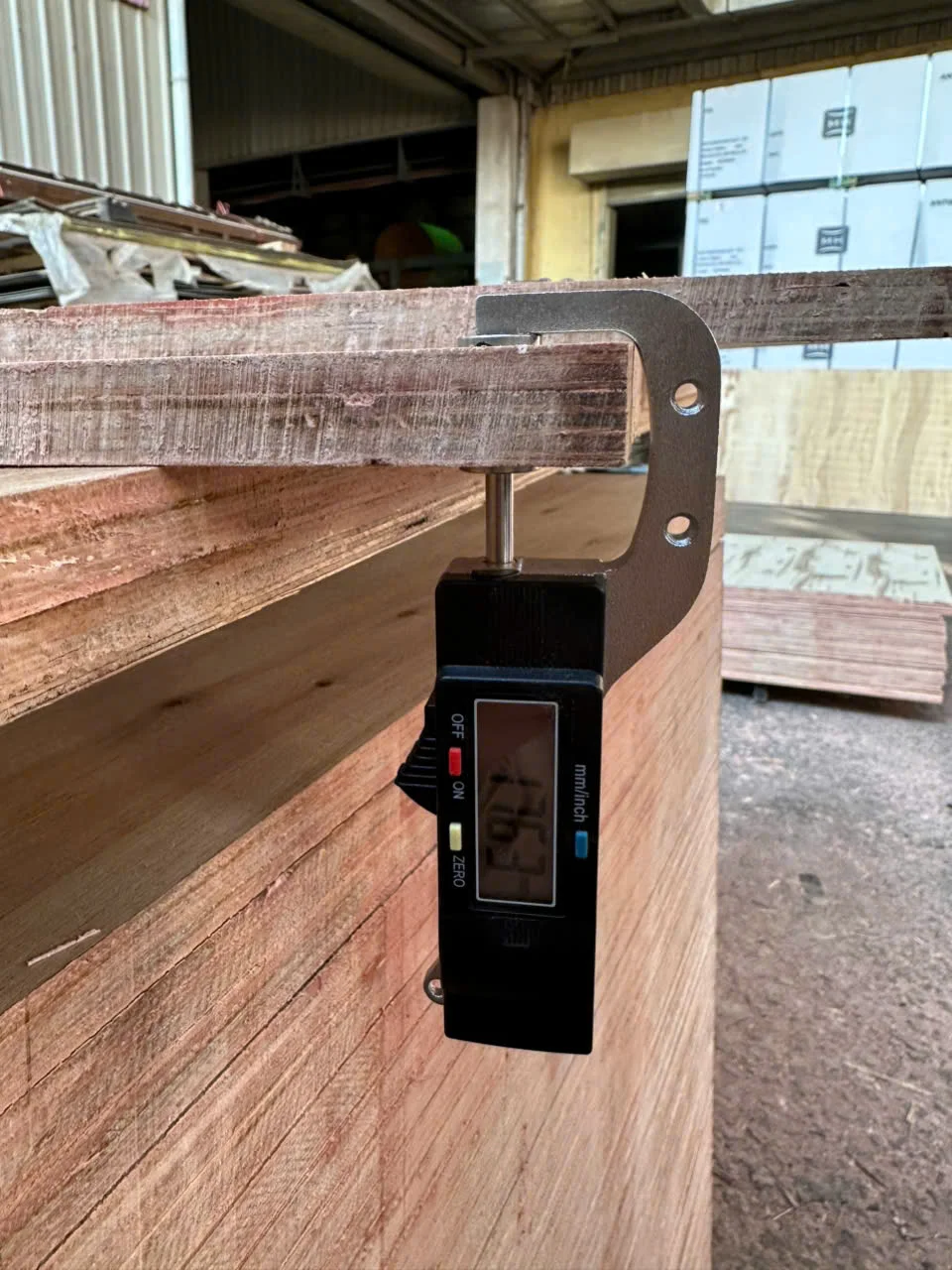 QC thickness measurement plywood — caliper quality control Vietnam factory inspection HCPLY